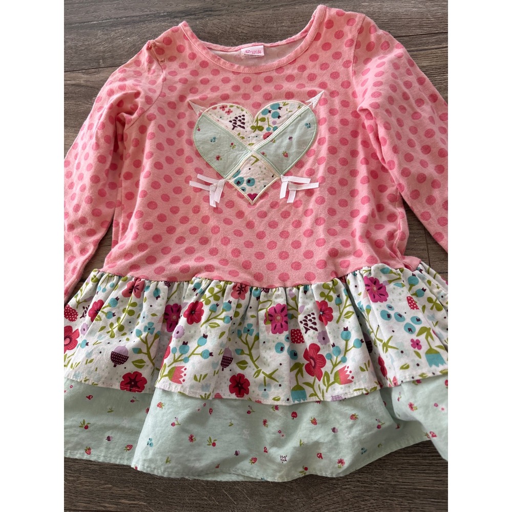 Ricrac & Ruffles Kids Pink Polka Dot Floral Heart Tunic Top Size 5 F9-3005